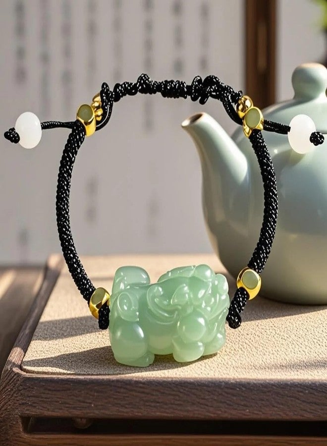 Chiorgone Handmade Hotan Jade Pixiu Bracelet - Black Woven Cord with Gold Tone Metal Beads, Green Jade Wealth Mascot Pendant, Fengshui Lucky Charm Bracelet for Men/Women. - Image 3